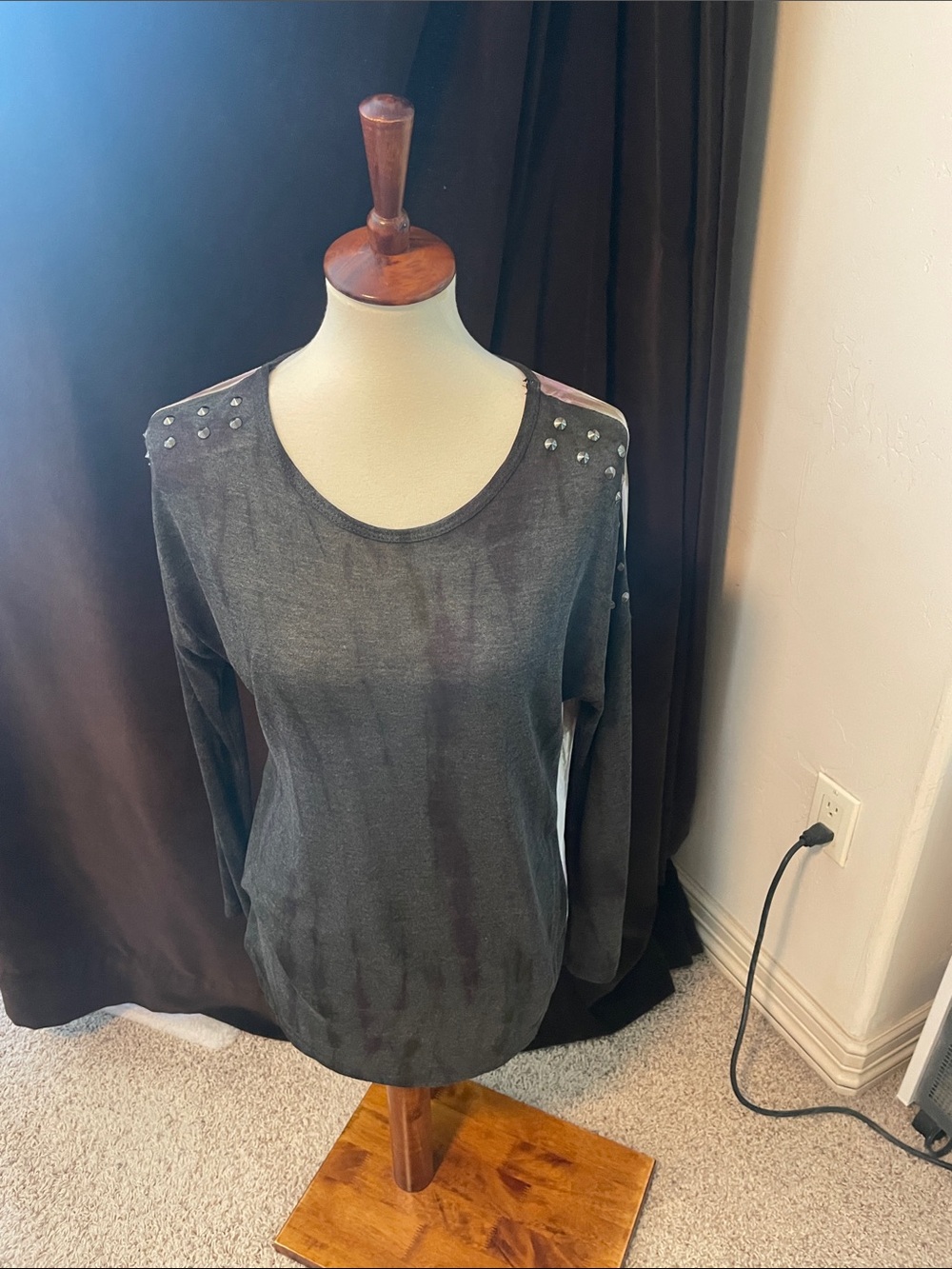 Charcoal Grey Studded Shoulder Long Sleeve Top